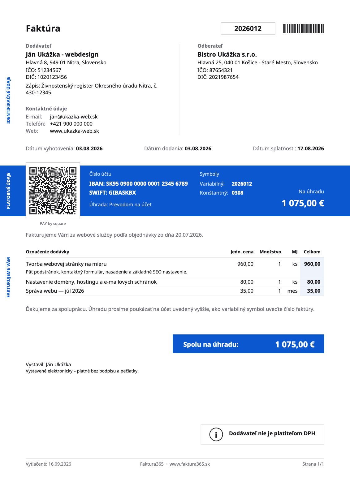 Ukážka faktúry neplatiteľa DPH